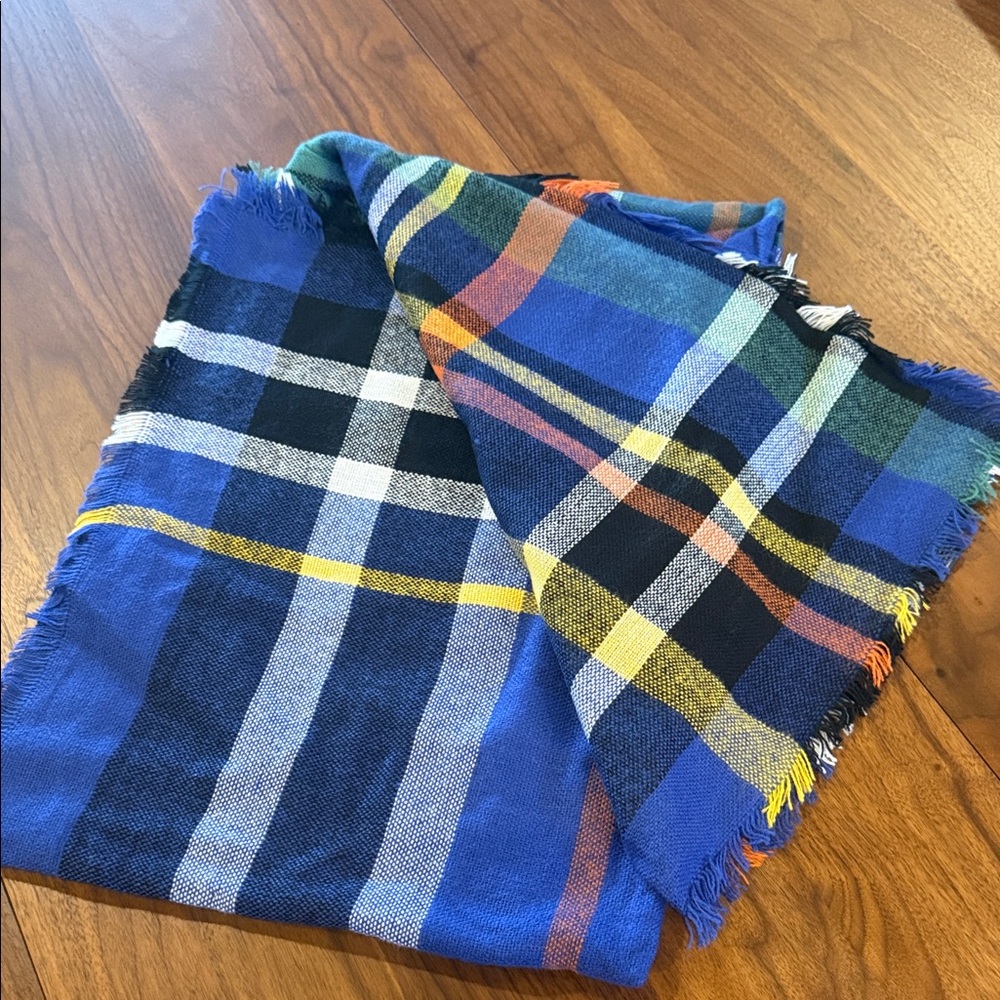 Colorful Plaid Blanket Scarf/Pashmina. Blue yellow, black, orange and green.